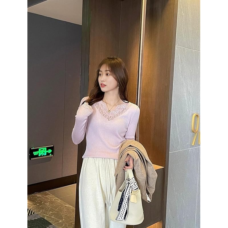 [Belle Iza Bella] long sleeve inner rib knit ruffle neck lace sleeves slim Soft touch Heat retention ladies shirt blouse Elegant Nitto It's okay