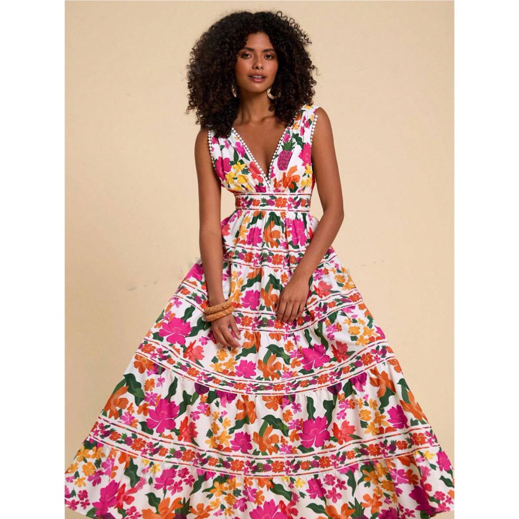 Женское повседневное летнее платье-майка с V-образным вырезом без рукавов, макси-платье с цветочным принтом, бохо, струящиеся миди-трапеции, пляжные сарафаны для отдыха для женщин