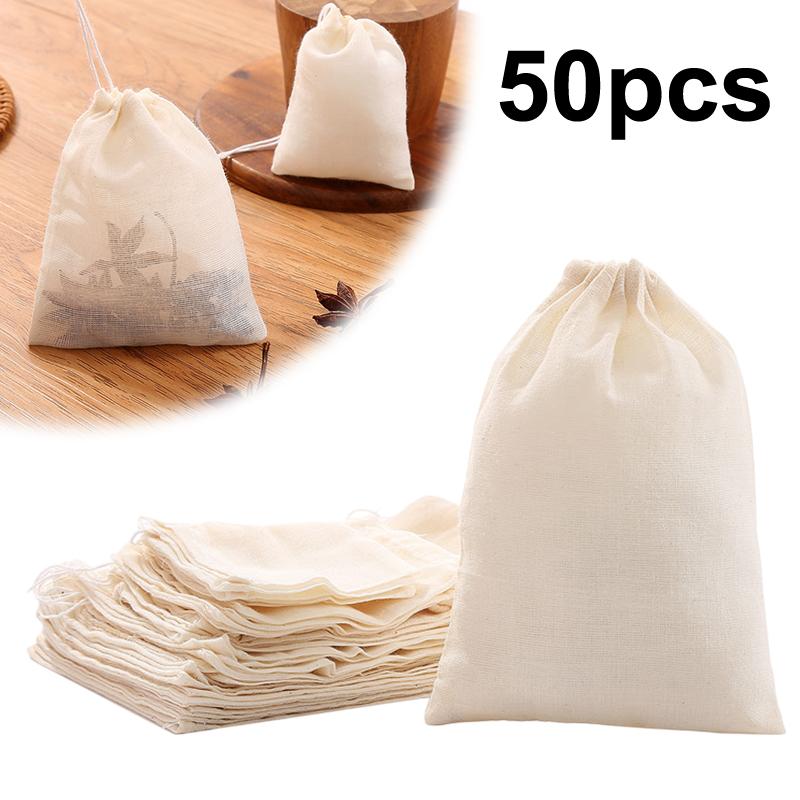 50Pcs Tea Bags Food Grade Cotton Gauze Tea Filter Bags Spice Filter Bags With String Healing Seal Spice Filter Tea Bags For Spic