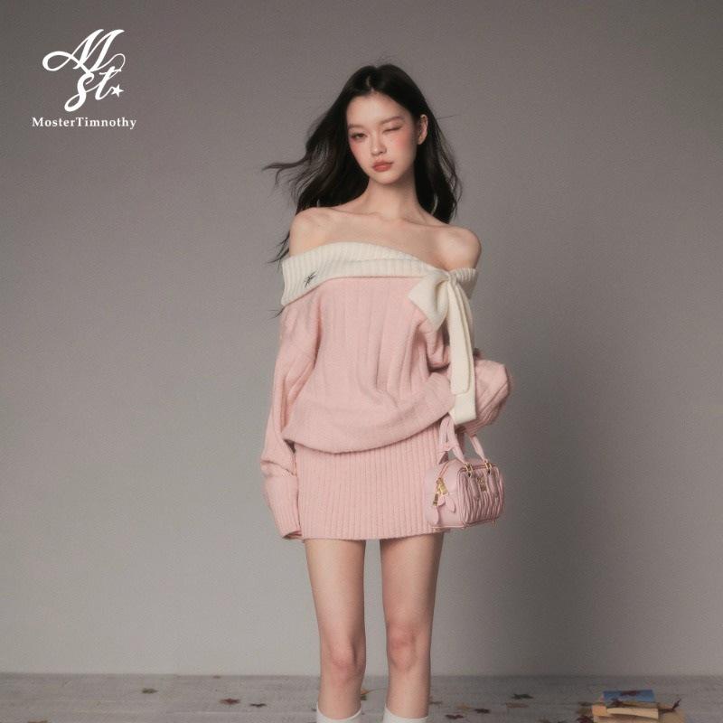 One-Shoulder Bowknot Knit Sweater with Bodycon Skirt Set