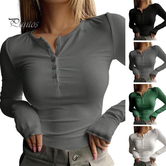 Супермягкие Топы с Длинным Рукавом для Женщин Осень Весна Топ Круглый Вырез Пуговицы Длинный Рукав Облегающий Пуловер Легкий Круглая Нить Однотонный Мягкий Дышащий