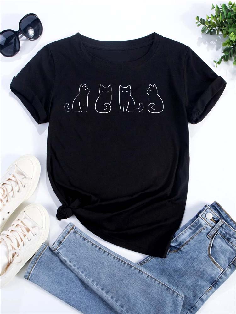 O Neck Tshirt Comfortable Cute Love Heart Cat Print Casual Short Sleeve Top Summer Women's Clothing Cartoon Streetwear