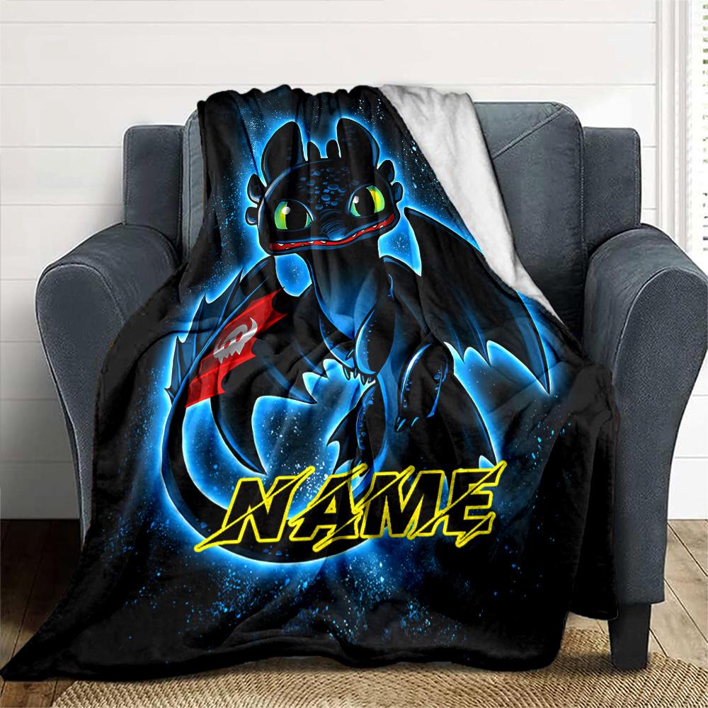 Toothless Dragon Night Fury Flannel Blanket With Customizable Name Comfortable In All Seasons Suitable For Sofas Beds Travel Camping And Office