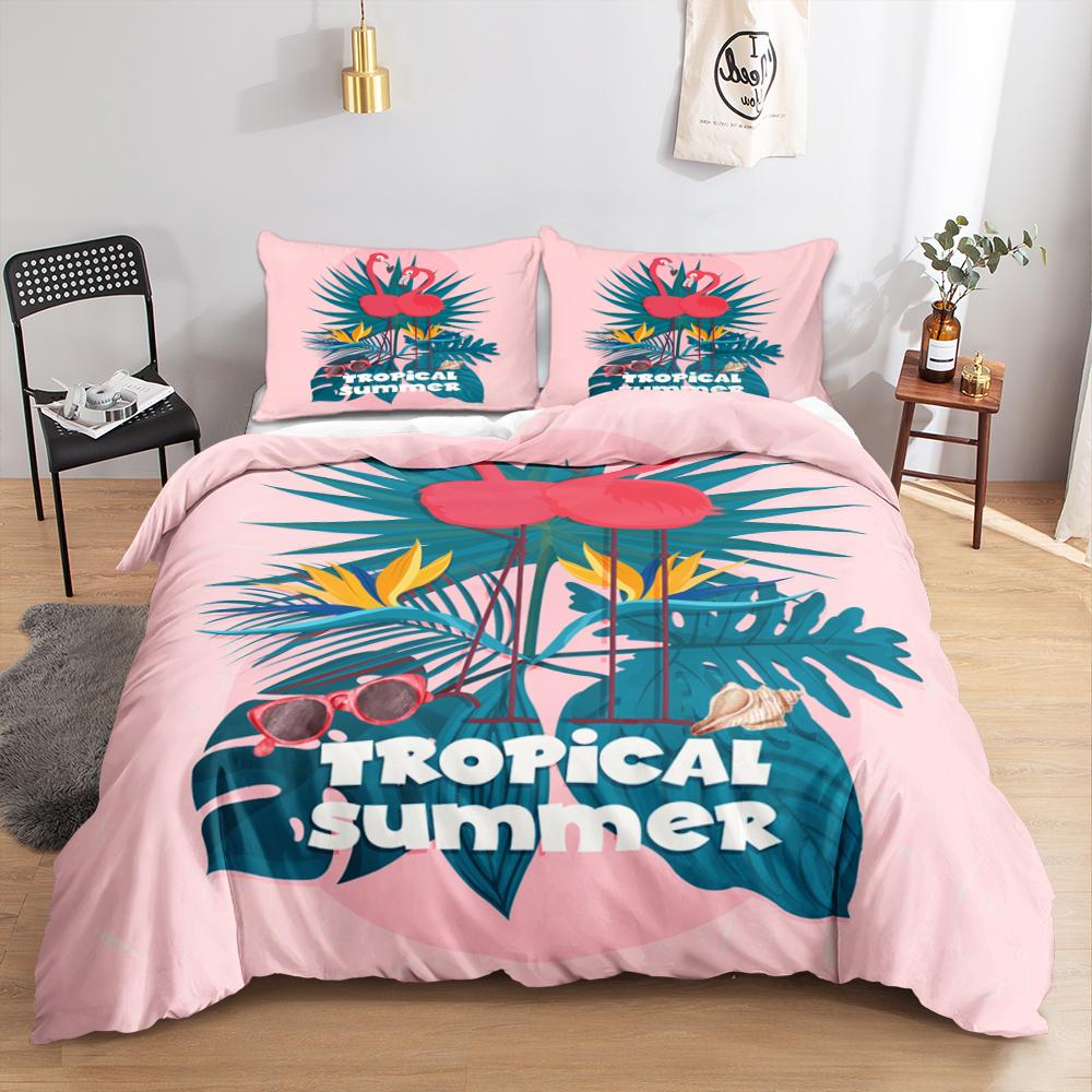 Animal Flamingo King Queen Duvet Cover Cartoon Pink Tropical Bird Bedding Set For Kids Teens Aduls Blue Soft 2/3pcs Quilt Cover