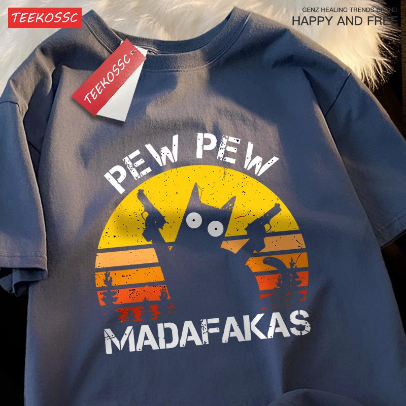 Пиу Пиу Мадафакас Кот с двумя пистолетами Футболки Мужская Уличная Летняя с коротким рукавом Харадзюку Хлопковая футболка Оверсайз Дышащие топы