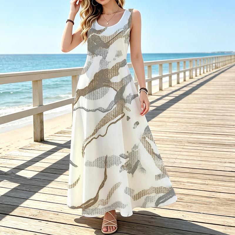 Flowy Sundress,Womens Summer Maxi Dress,Neutral Tone Marble Swirl Print,Sleeveless Outdoor Holiday Clothing