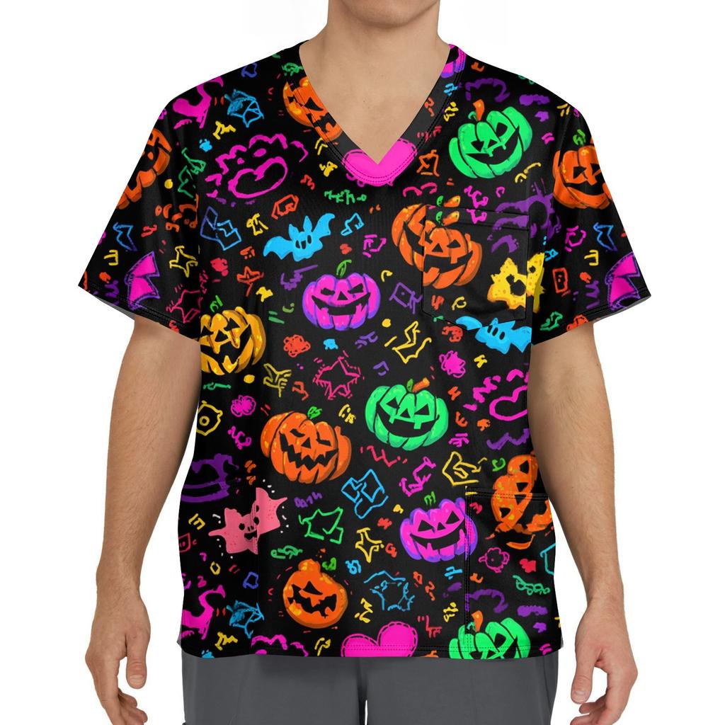 Мужской топ с короткими рукавами и v-образным вырезом на Хэллоуин с принтом на груди и карманом для ухода за кожей