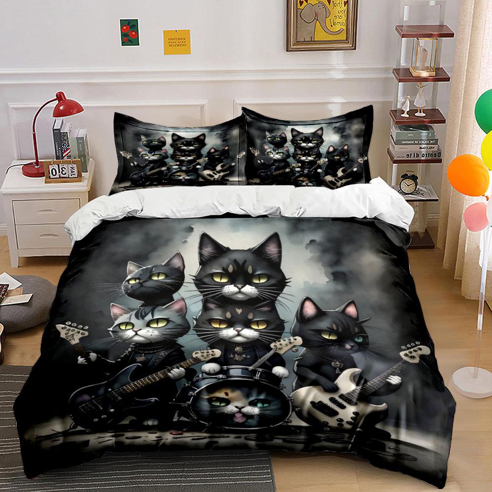 "Rock Band Cat Theme Decor" Bedding Set with 1 Duvet Cover 2 Pillowcases Single Double King Queen, Gift