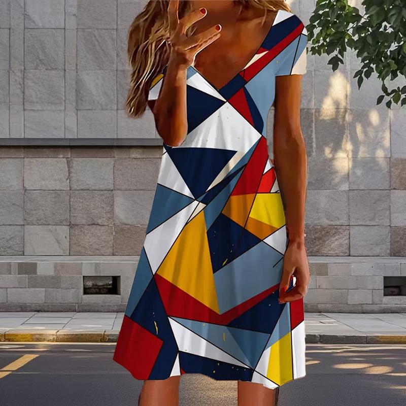 Летняя мода Женское платье с V-образным вырезом, короткими рукавами, простого стиля, с принтом, сексуальное, короткое, платья