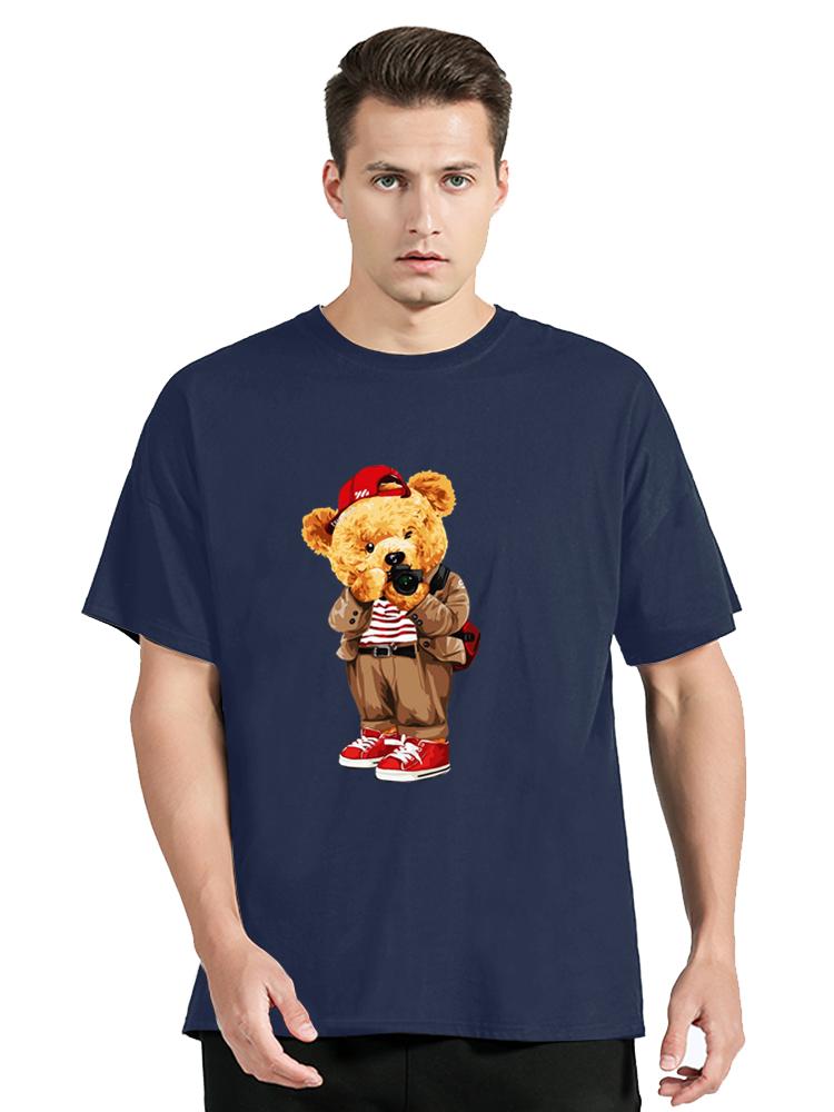 Fashion Teddy Bear Taking Your Photo Print Tshirt For Unisex Loose Oversized Clothes Breathable Cotton Short Sleeve Hip Hop Tees