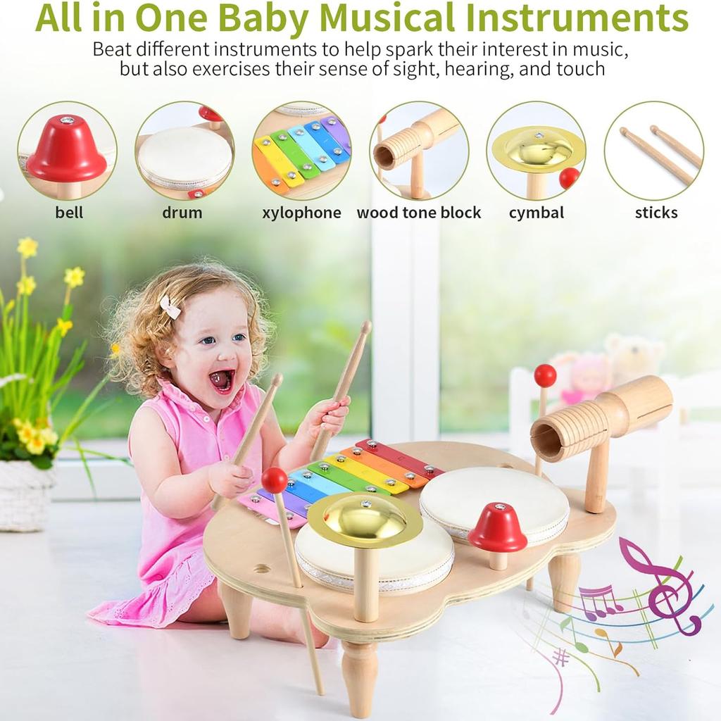 Детская барабанная установка Детские музыкальные инструменты Игрушки Монтессори Деревянный ксилофон Дошкольный музыкальный комплект Ударные игрушки Бубен День рождения