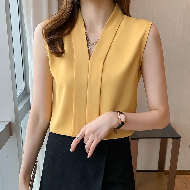 Офисная женская шифоновая рубашка женская летняя безрукавка 2023 года сексуальные майки однотонные майки с V-образным вырезом одежда