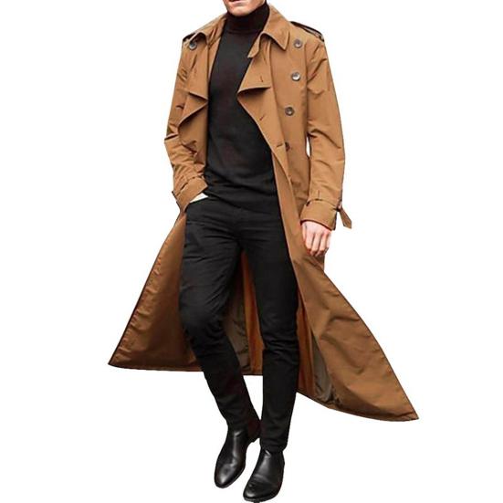 Men Trench Coat Lapel Long Sleeve Solid Color Windbreaker Double Breasted Long Style Outdoor Business Outwear