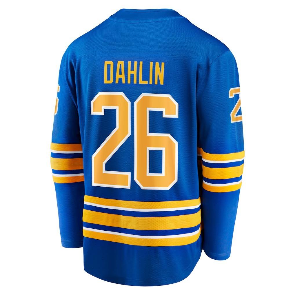 Хоккейная форма Buffalo Sabres - Синяя с желтыми/белыми акцентами "Dahlin 26" Капитанская форма с буквой "C" Футболка с длинным рукавом и V-образным вырезом Buffalo Bison 3D-принты