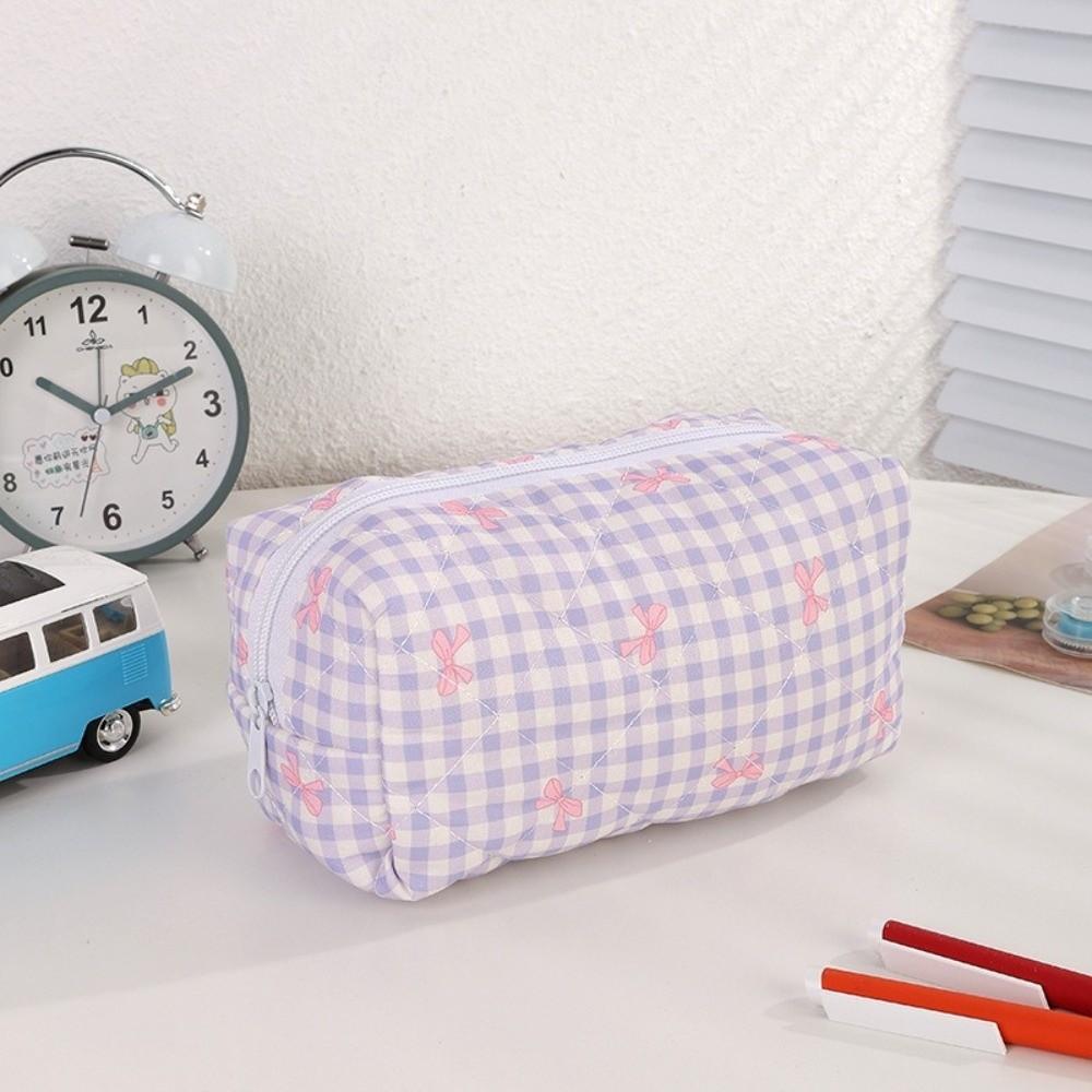 Lightweight Plaid Bow Pattern Stationery Bag Ruffle Edge Large Capacity Makeup Storage Bag Portable Multifunctional Coin Purse