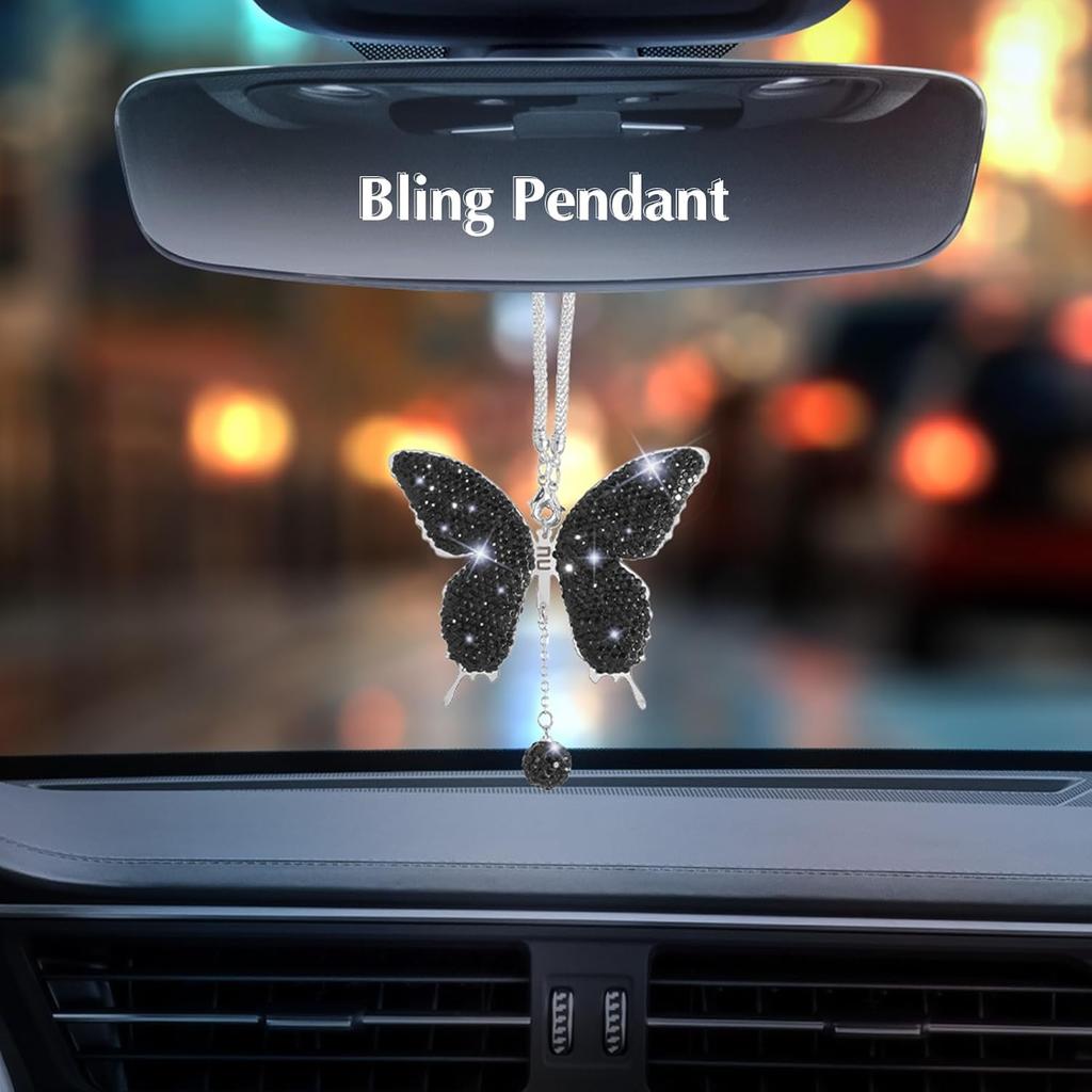 ARTILAURA 11 PCS Bling Car Accessories Set For Women Steering Wheel Covers Butterfly Hanging Seat Belt Cover Air Vent Clips Coasters Cute Glitter