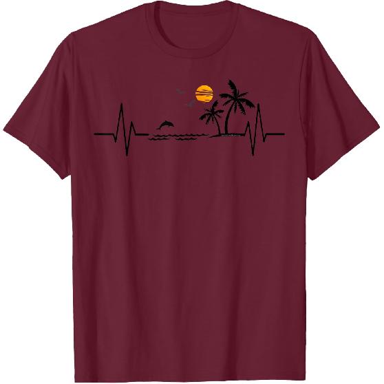 Heartbeat with Tropical Palm Trees Beach Island and Dolphin T-Shirt
