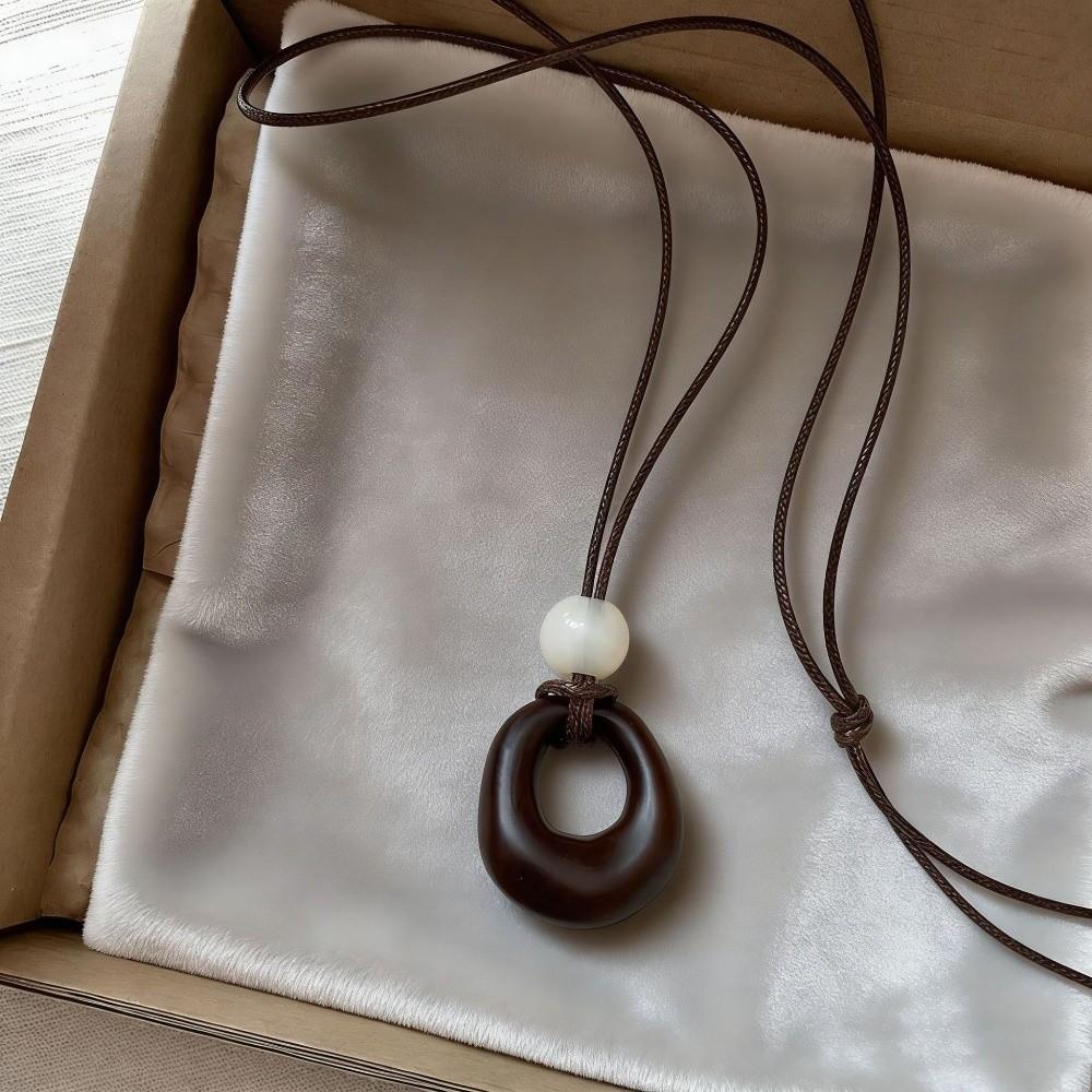 Leather Rope Geometric Pendant Necklace Adjustable Length Sweater Chain Women