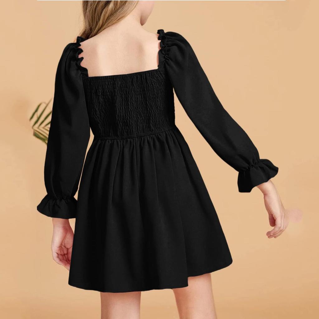 Girls' Square Neck Dress Sleeve Flared Hem Party Dress