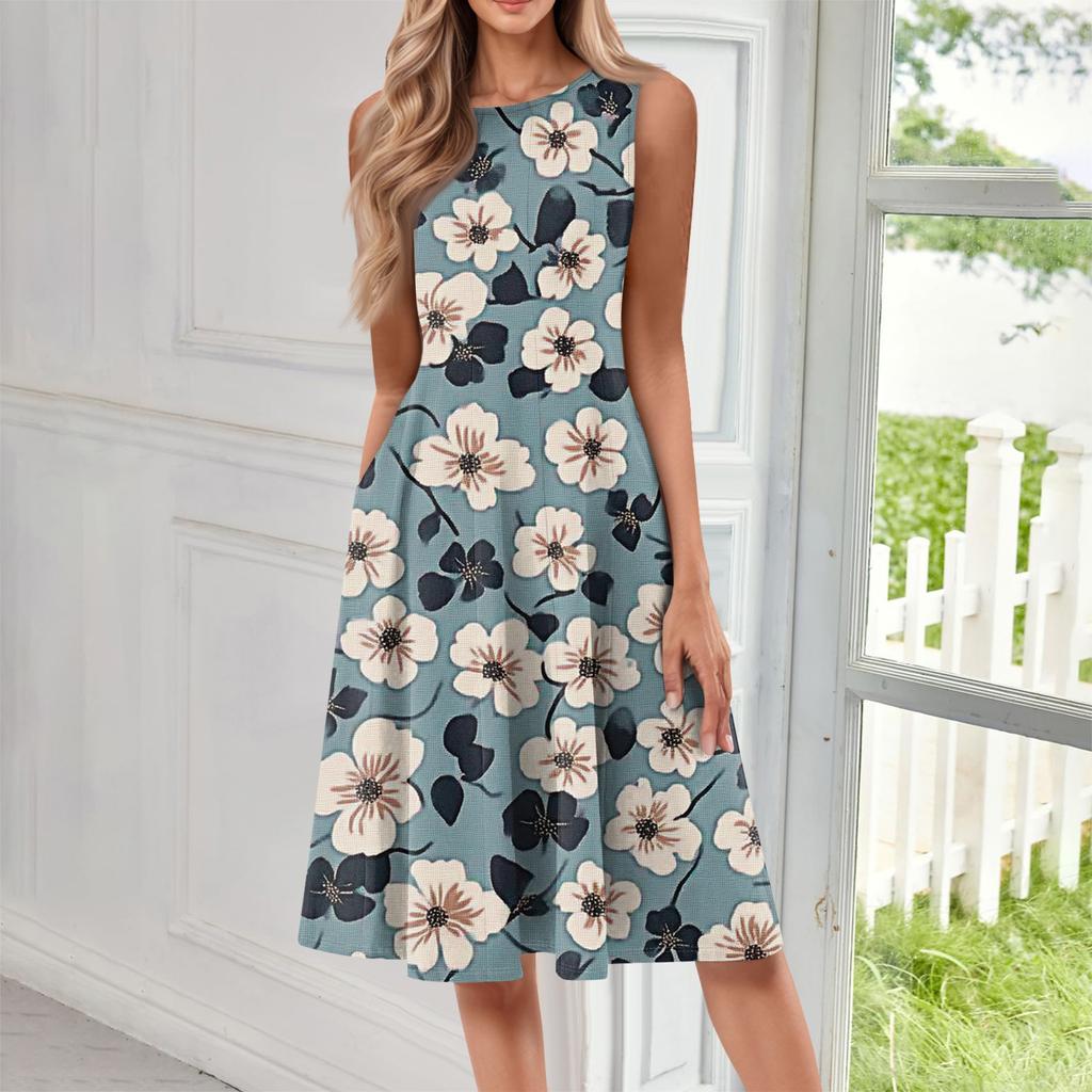 Женское повседневное модное платье миди с цветочным принтом и круглым вырезом без рукавов