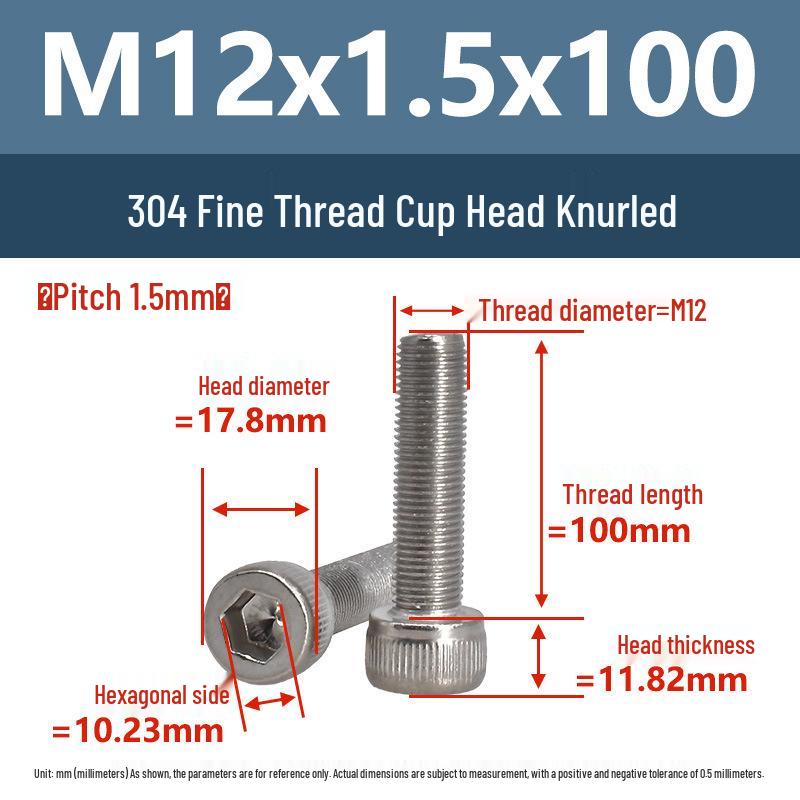 Yigu Fine Thread Knurled Socket Head Screws, 304 Stainless Steel, M3-M12