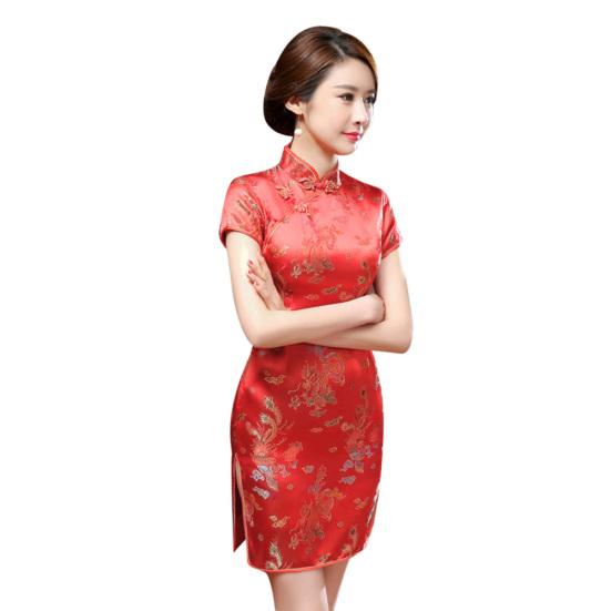 Women Chinese Dragon Phoenix Embroidery High Neck Short Sleeve Split Mini Dress