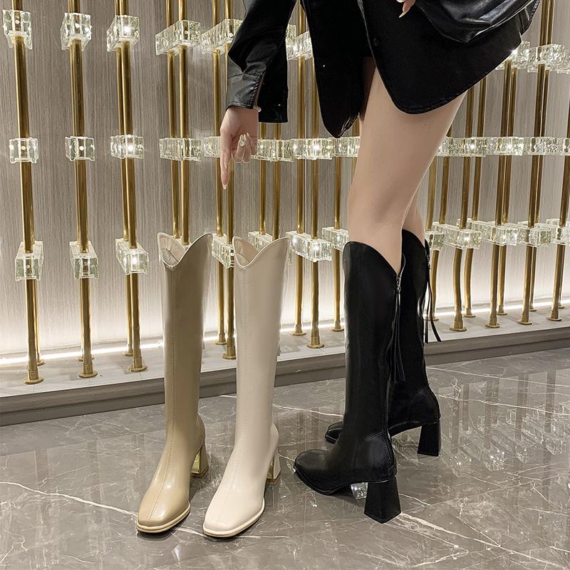Black Winter Women Boots Fashion Platform Thick Heel Knee High Zipper Autumn Long Shoes  Square Heel Rubber Chelsea