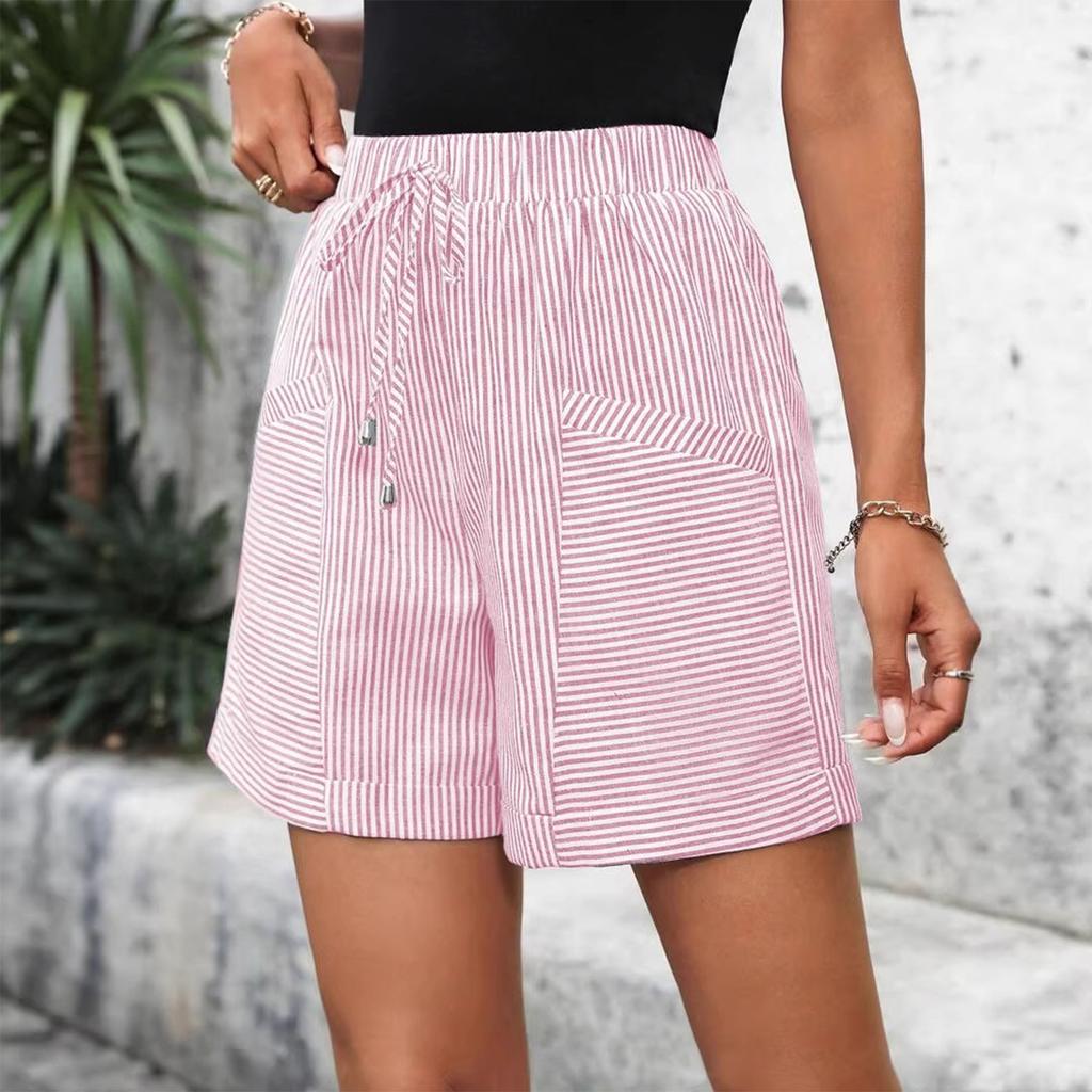 Women's Fashion Striped Casual Drawstring Elastic Pants Shorts