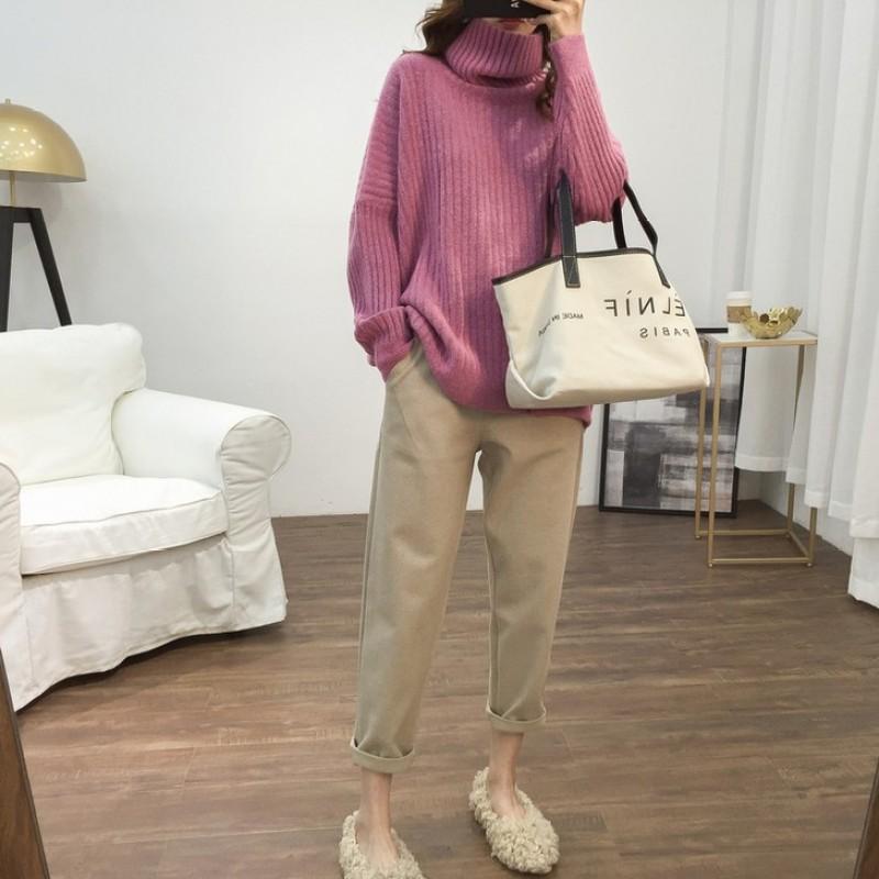 Осень-зима, крупный однотонный пуловер с высоким воротником, свитер, женский новый джемпер, свободные и ленивые повседневные вязаные топы с длинными рукавами