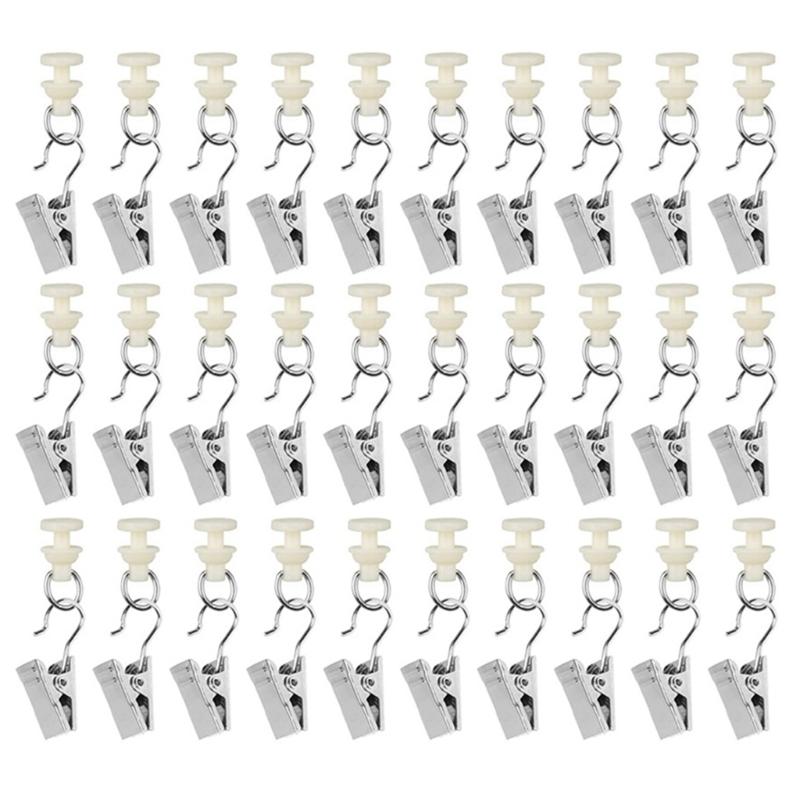 1set Shower Curtain Pulley Clamps 30pcs Iron Hooks+30pcs Gliders Metal Curtain Hooks for Drapery Rails Smooth Glidings