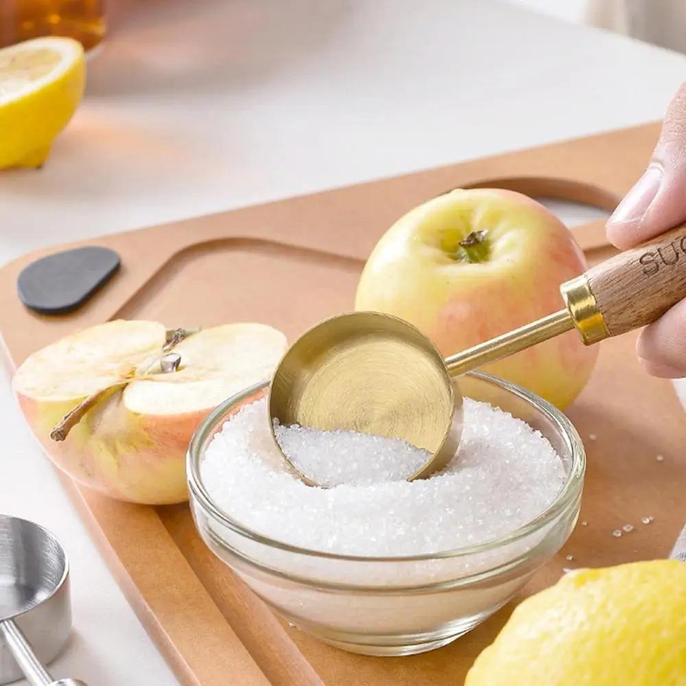 Flat Bottom Stainless Steel Measure Spoon with Wood Handle Kitchen Measure Tools  Condiments