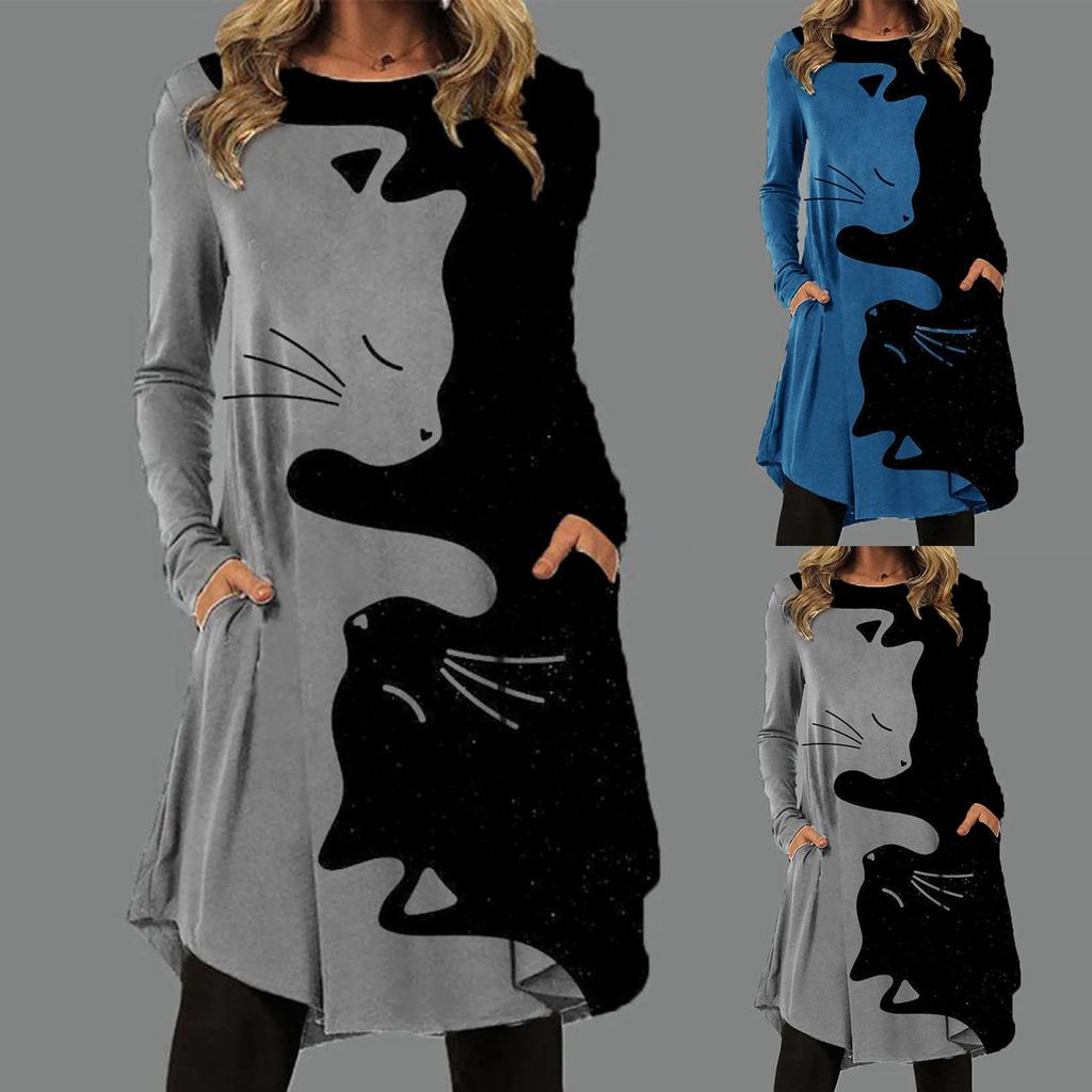 Модное женское платье с круглым вырезом и принтом кошки, повседневное свободное платье с нерегулярным подолом