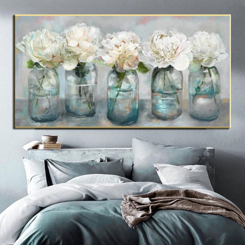 Abstract Vintage Fresh Peonies Canvas Painting Wall Art White Flower Posters and Prints Vase Wall Art for Living Room Decor