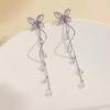 2 Pieces Exquisite Butterfly Fashion Sweet Zirconia Pink Color Silver Color Long Tassel Earrings