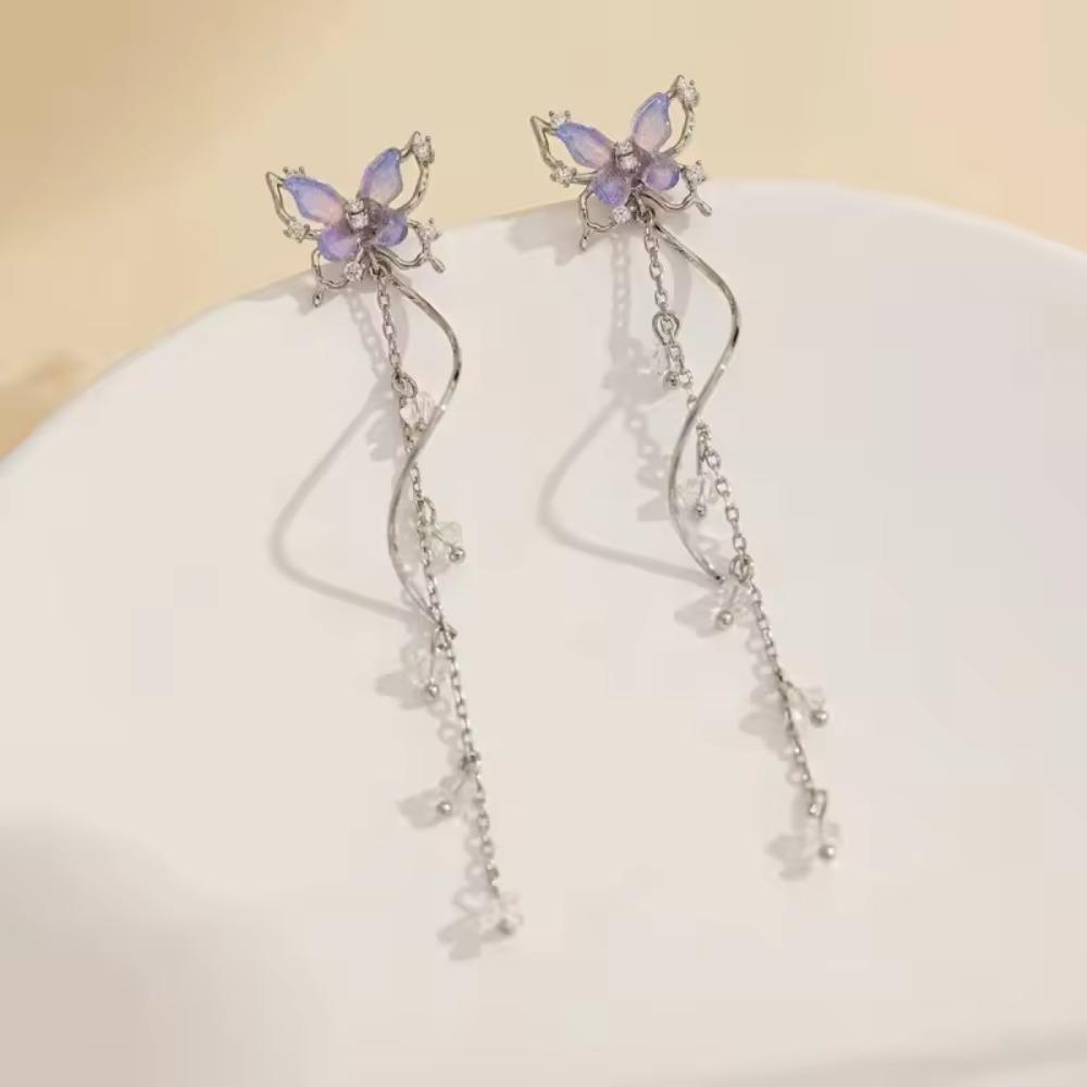2 Pieces Exquisite Butterfly Fashion Sweet Zirconia Pink Color Silver Color Long Tassel Earrings