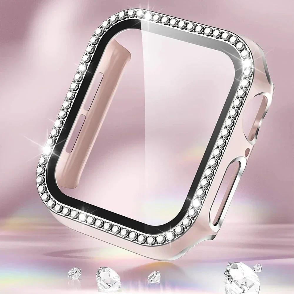 Чехол для Apple Watch 44 мм 45 мм 41 мм 40 мм 38 42 мм Блестящий Алмазный бампер+Защитное стекло для экрана iwatch series 9 8 7 5 6 4 SE