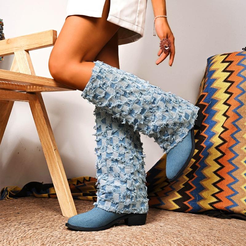 Модная осенняя джинсовая обувь на квадратном каблуке женская до колена с острым носком на каблуке туфли женщина тренд челси сапоги mujer гладиаторские ботинки