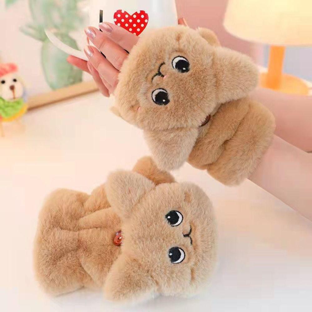 Soft Plush Fingerless Glove Cute Cat Flip Half Finger Gloves Fashion Warm Thick Gloves