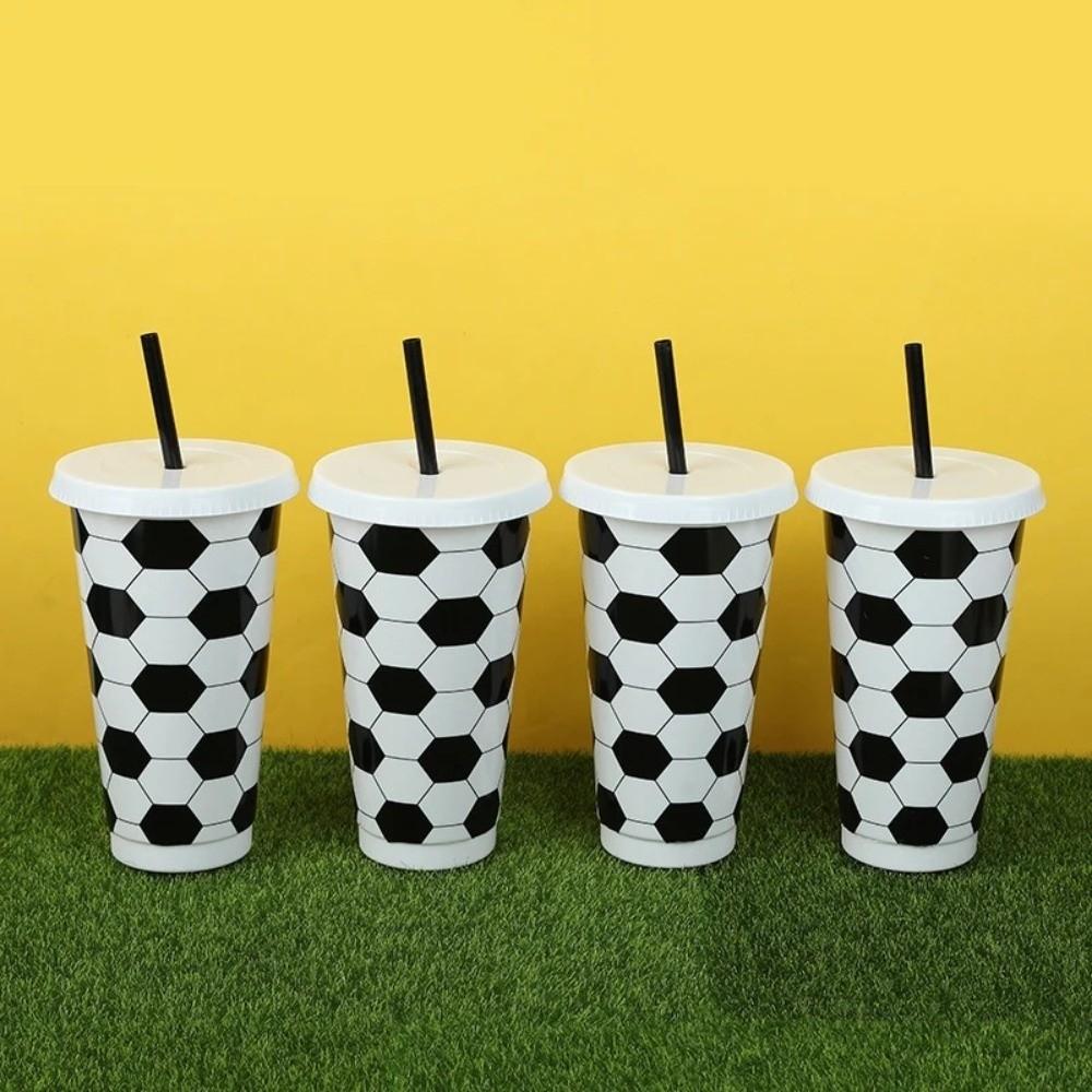 6 Pcs Set 24 OZ Soccer Cups Large Capacity Reusable Straw Cup with Lid and Straw Stackable Coffee Cup Soccer Fans Party Supplies