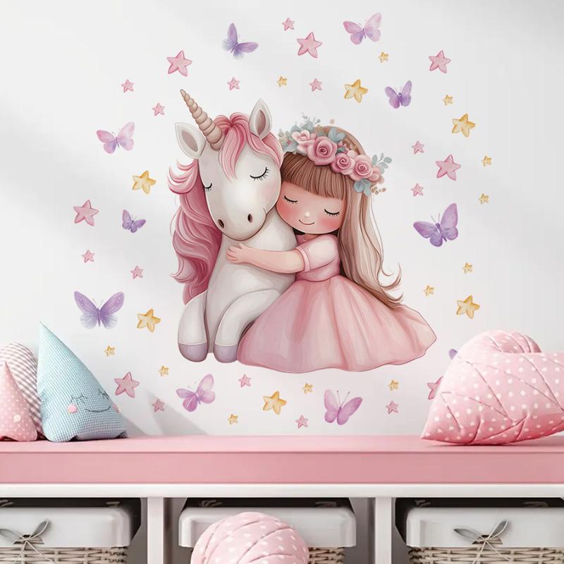 Мультяшная Девочка Единорог Виниловые Детские Наклейки на Стену Для Украшения Детской Комнаты Аксессуары для Спальни Мебельные Наклейки Настенное Искусство Декор Комнаты