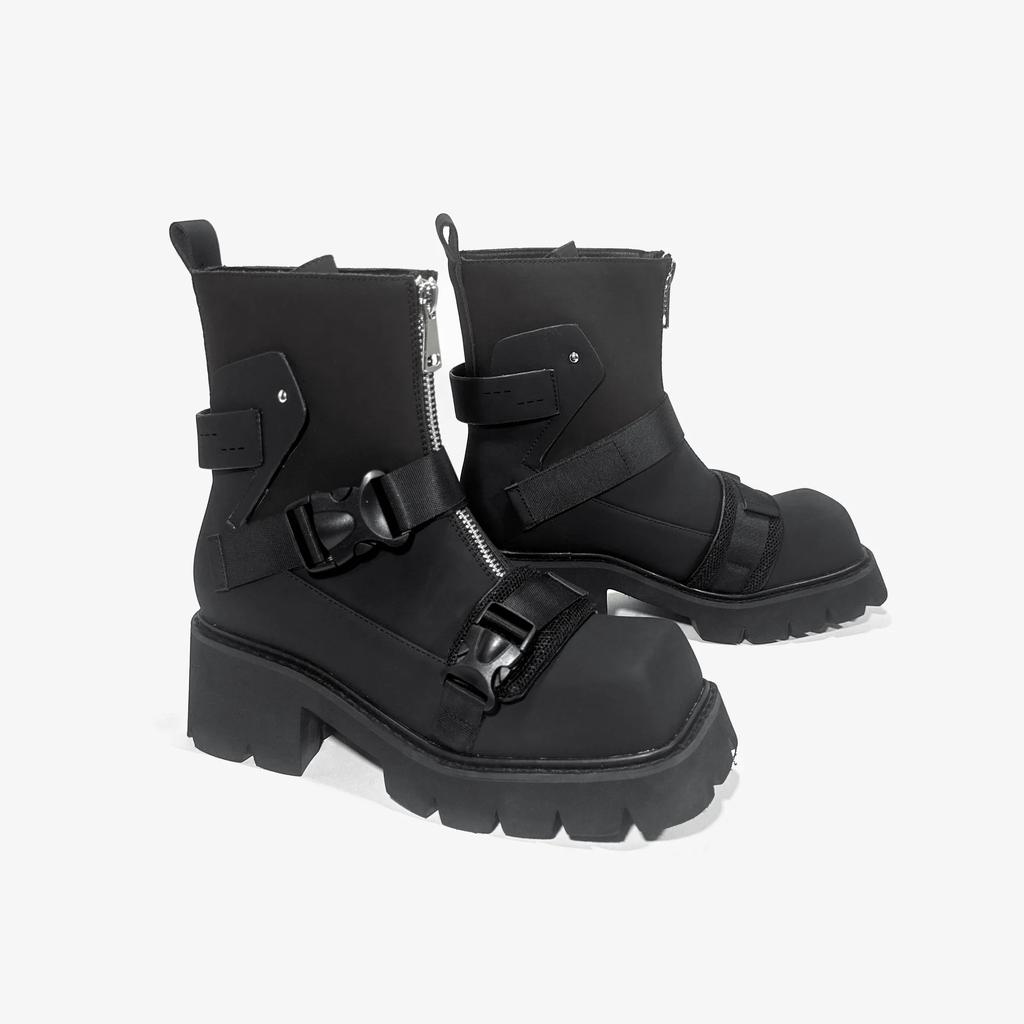 2024 Европейский стиль квадратный носок толстый каблук мотоциклетные ботинки женские кожаные молния спереди короткий ремень пряжка модные ботинки челси