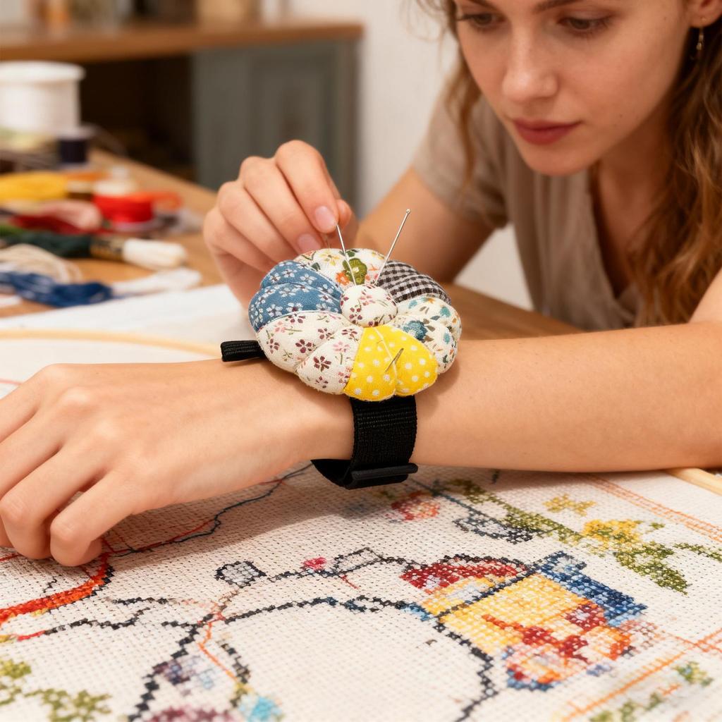 Sewing Pin Cushion 2-in-1 With Elastic Wristband Tool Organizer Cute Pumpkin Shape Pin Holder For Crafts Braiding Beginners