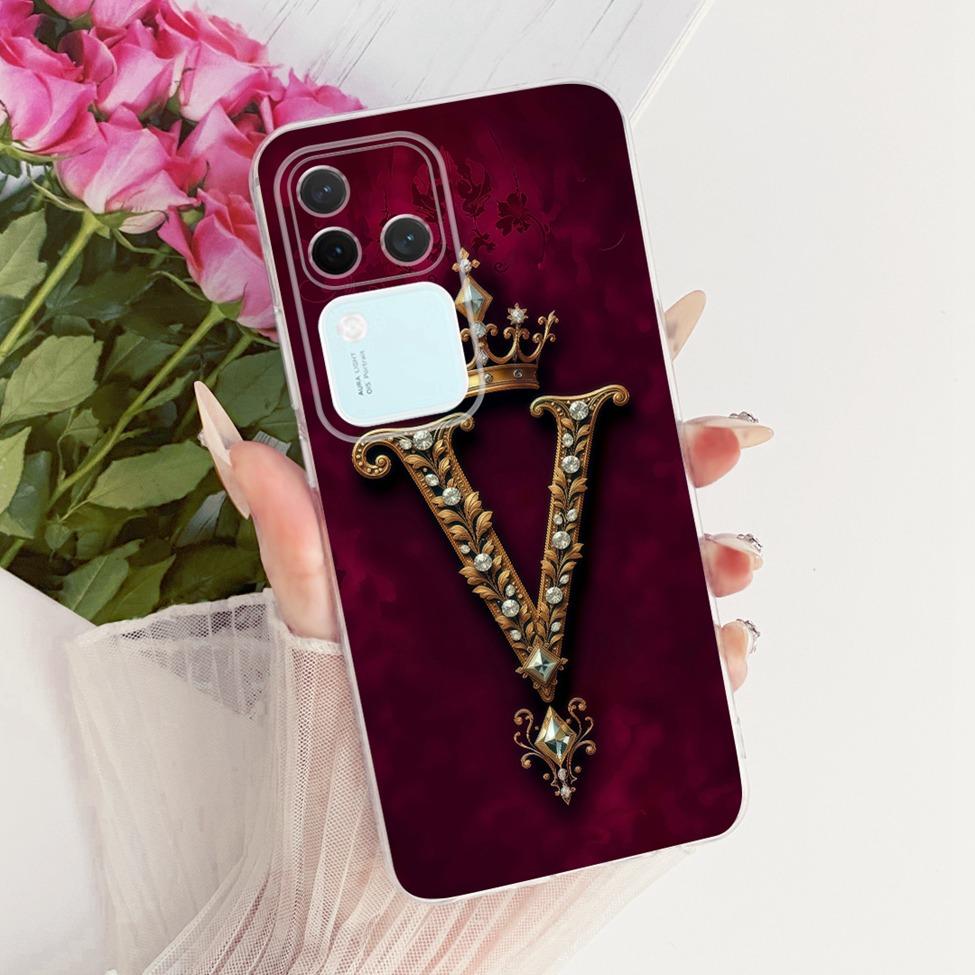 Чехол для Vivo S18Pro V2344A Чехол для Vivo S18 Pro Прозрачный Роскошная Корона Буквы от A до Z 2D Плоский Узор Мягкий Чехол