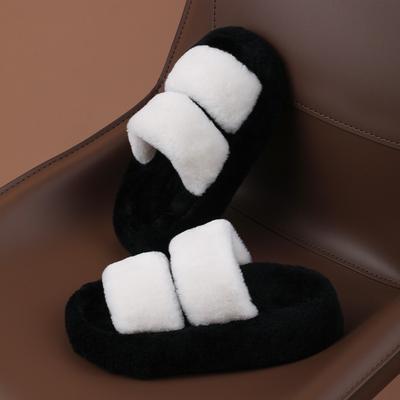 Хлопковые тапочки на толстой подошве женские пушистые осенне-зимние новые две полоски однотонные увеличивающие рост тапочки-шлепанцы для улицы и дома