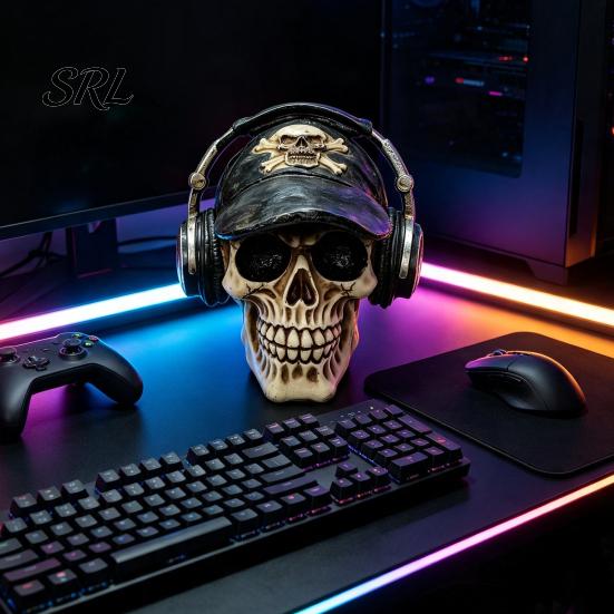 Hip Hop Headphone Skull Figurine Hip-hop Headphone/Steampunk Figurine, Resin Skeleton Statue, Vintage Cool Desk Decor Ornament for Haunted House Props