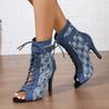 Tie Fish Mouth Cool Boots for Women Spring and Summer Round Toe Open Toe Slim Heel Hollow-out Non-slip High Heels