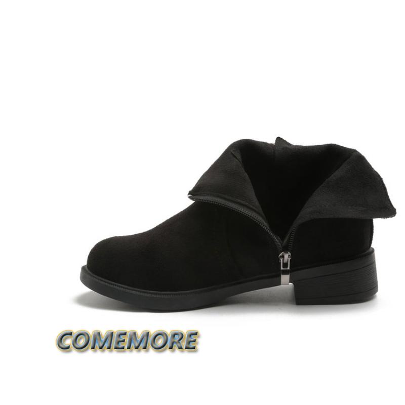 2025 Женские Осенне-Зимние Новые Низкий Каблук Удобные Модные Короткие Ботинки Боковая Молния Снежные Женские Ботинки Круглый Носок Дизайнерские Черные