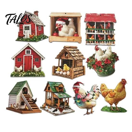 Unique Farmhouse Holiday Ornaments 10/20/30Pcs 2D Flat Chicken Wooden Hanging Ornament, Rooster Hen Coop Barn Christmas Party Farm Pendants