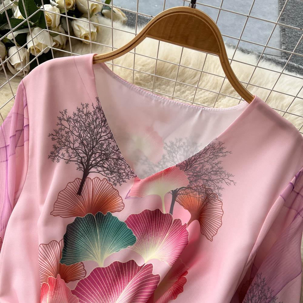 French Chic Dress for Women V-neck Plant Printed Lantern Sleeve Pleated Long Dresses Autumn Dress Female A-line