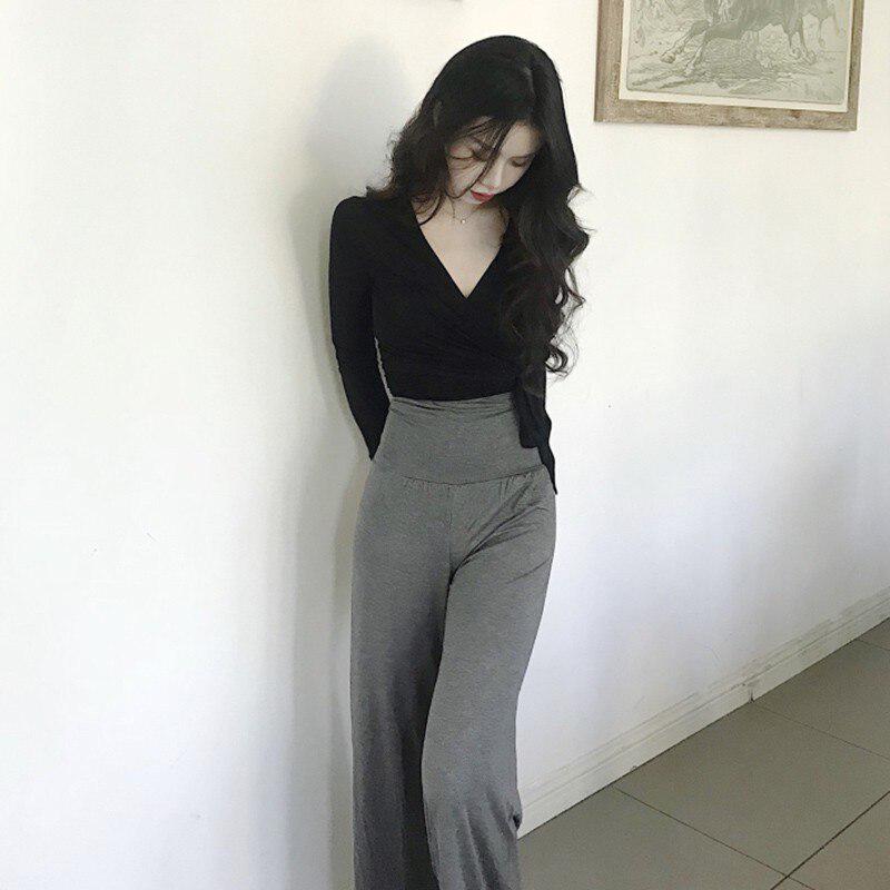 Sexy Slim V-neck Wrapped Women's Crop Tops Novel Solid Color Long-sleeved T-shirts